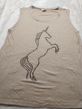 🇺🇸 Clearance One Clothing Light Beige Womens Top with Studded Unicorn Graphic